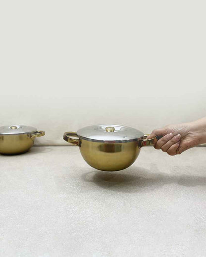 Luxurious Golden Serving Bowl with Handle Lid | Set of 2 | 10 x 4 inches | 1.2L