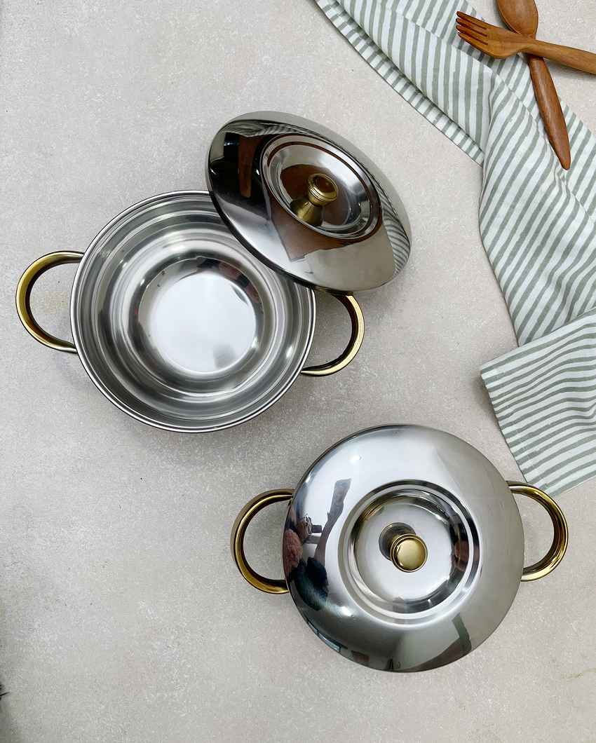 Luxurious Golden Serving Bowl with Handle Lid | Set of 2 | 10 x 4 inches | 1.2L