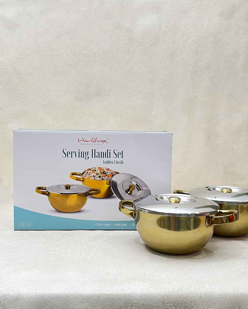 Luxurious Golden Serving Bowl with Handle Lid | Set of 2 | 10 x 4 inches | 1.2L