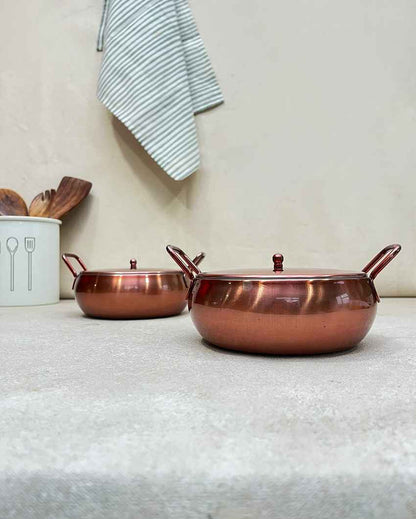 Stylish Rose Gold Copper-Finish Kadai with Lid | Set of 2 | 8 x 2 inches | 900ml