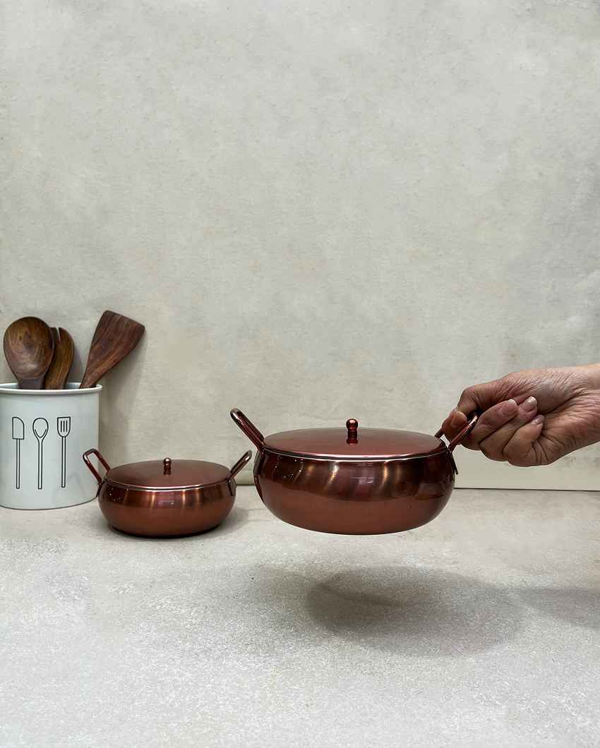 Stylish Rose Gold Copper-Finish Kadai with Lid | Set of 2 | 8 x 2 inches | 900ml