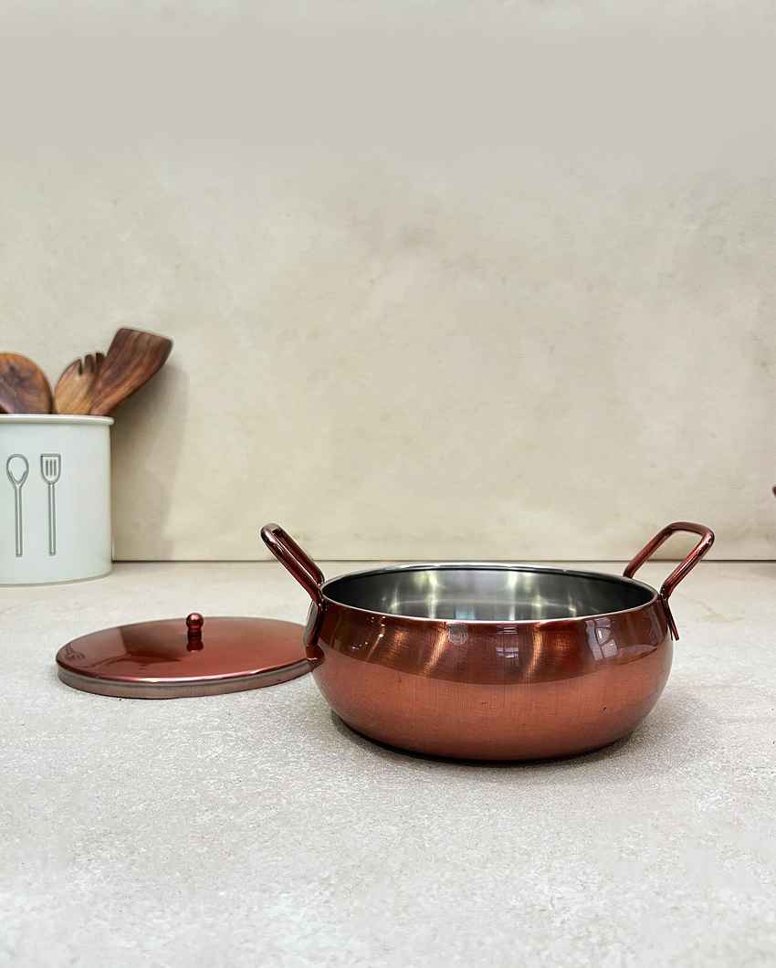 Stylish Rose Gold Copper-Finish Kadai with Lid | Set of 2 | 8 x 2 inches | 900ml