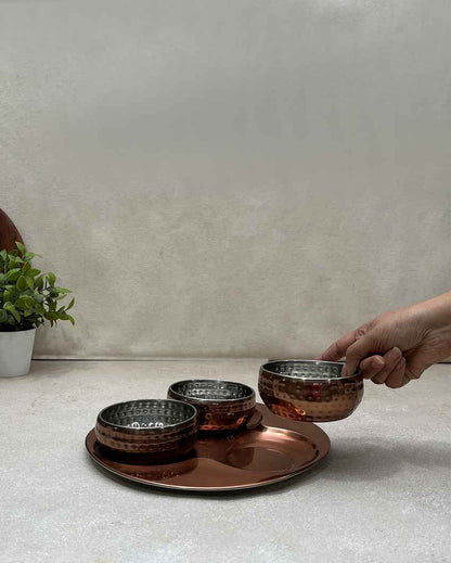 Versatile Copper Snack Serving Bowls with Tray Combo | Pack of 4 | 300ml