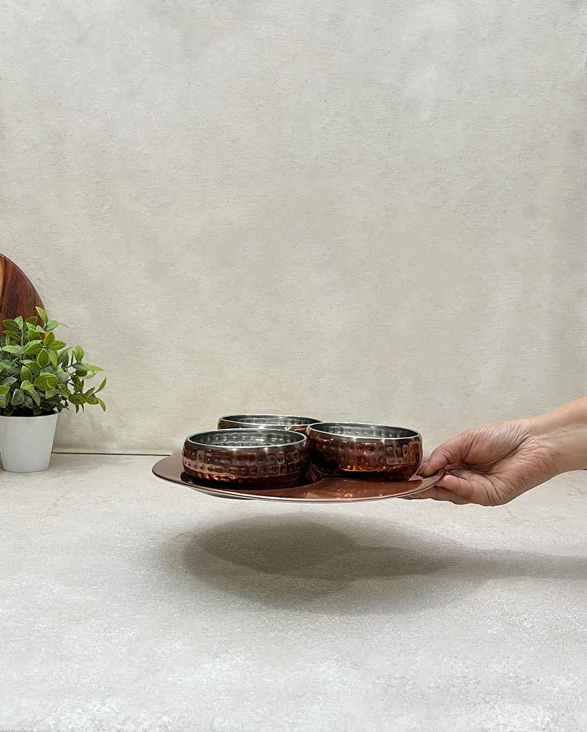 Versatile Copper Snack Serving Bowls with Tray Combo | Pack of 4 | 300ml