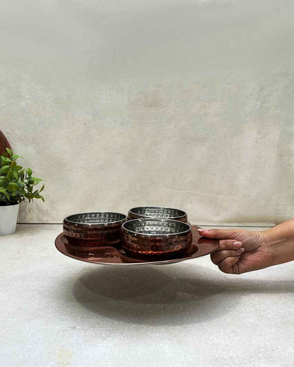 Versatile Copper Snack Serving Bowls with Tray Combo | Pack of 4 | 300ml