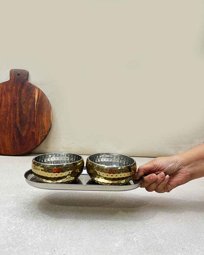 Functional Golden Snack Dip Bowl with Tray Combo | Pack of 3 | 300ml