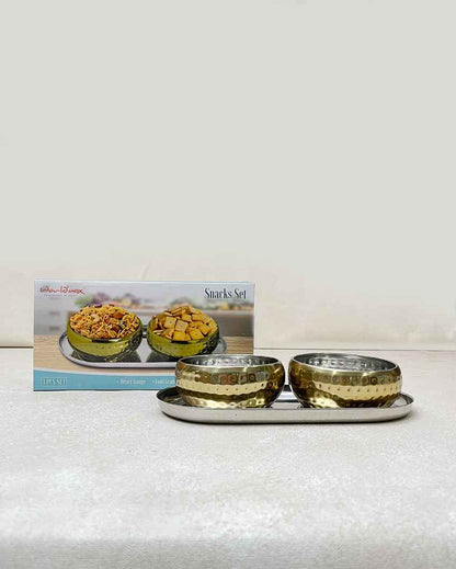 Functional Golden Snack Dip Bowl with Tray Combo | Pack of 3 | 300ml