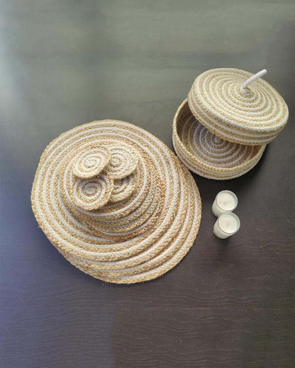 Cotton & Jute Placemats and Coasters With Roti Basket Set | Pack Of 13