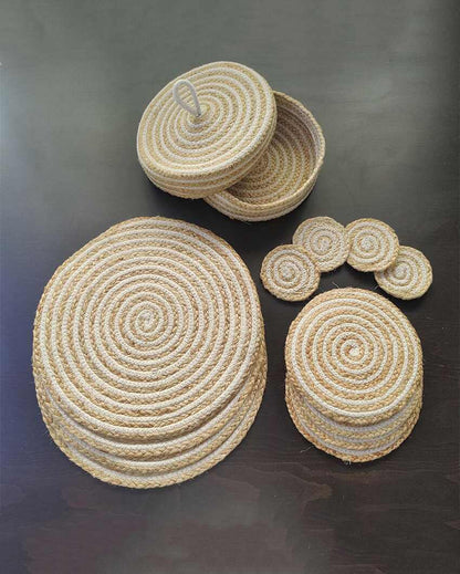 Cotton & Jute Placemats and Coasters With Roti Basket Set | Pack Of 13