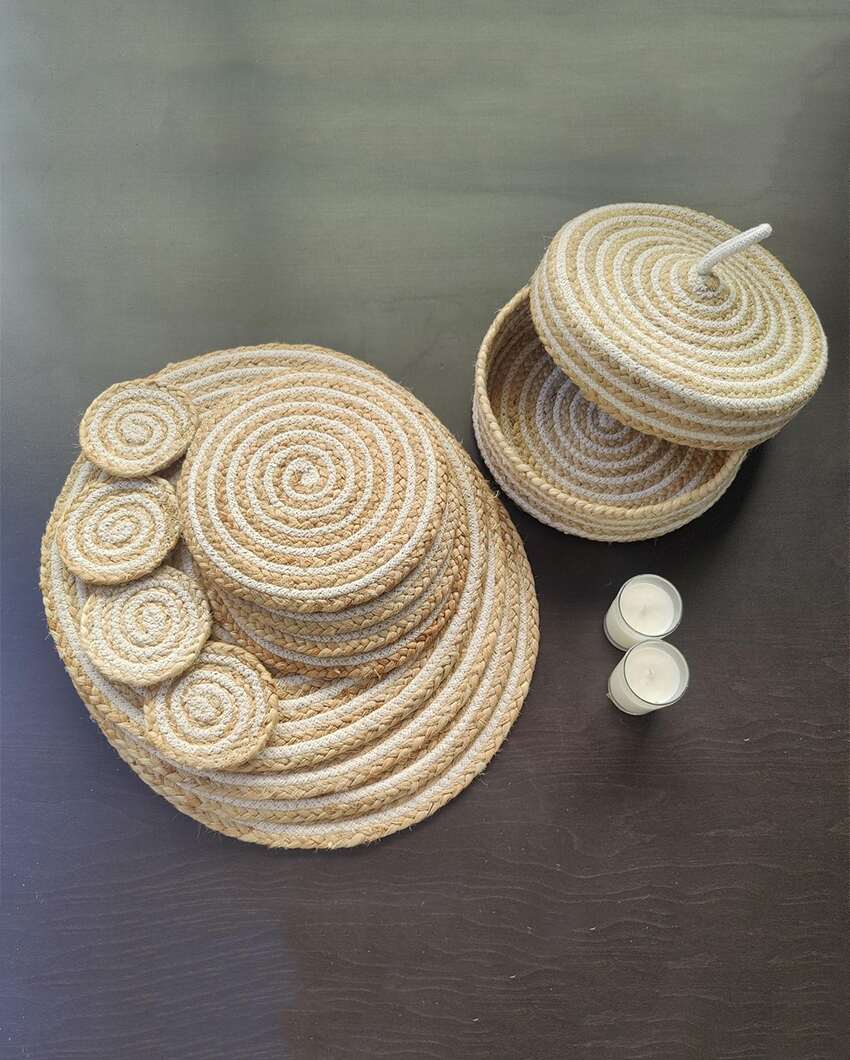 Cotton & Jute Placemats and Coasters With Roti Basket Set | Pack Of 13