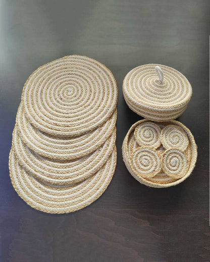 Cotton & Jute Placemats and Coasters With Roti Basket Set | Pack Of 13