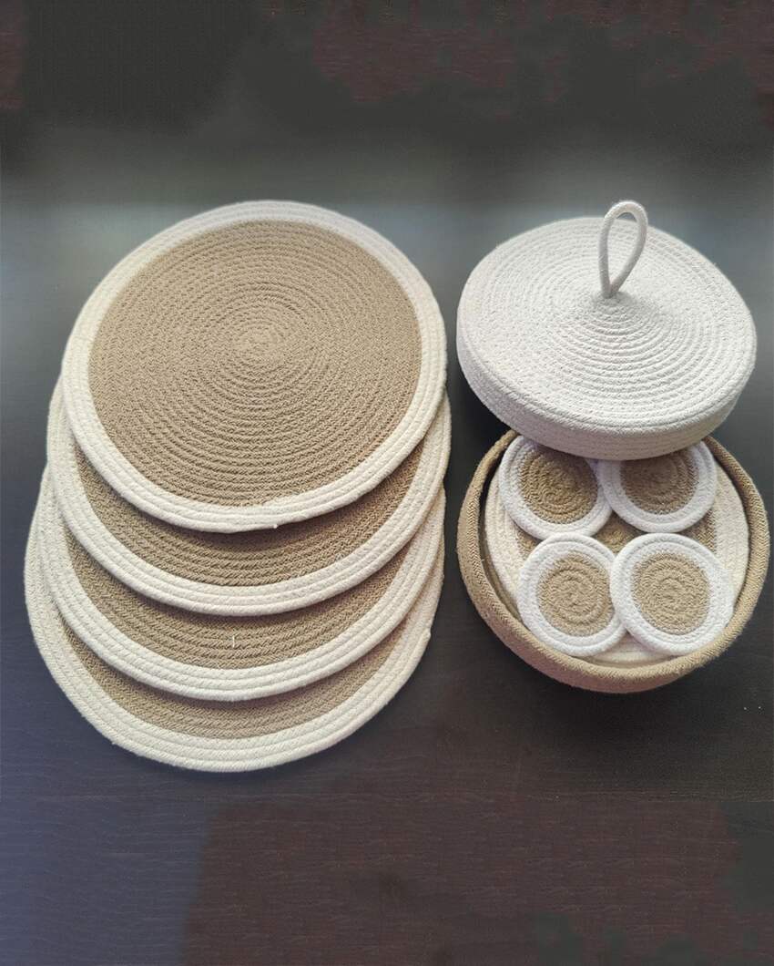 White & Brown Cotton Placemats and Coasters With Roti Basket Set For Dining Table Decor | Pack Of 13