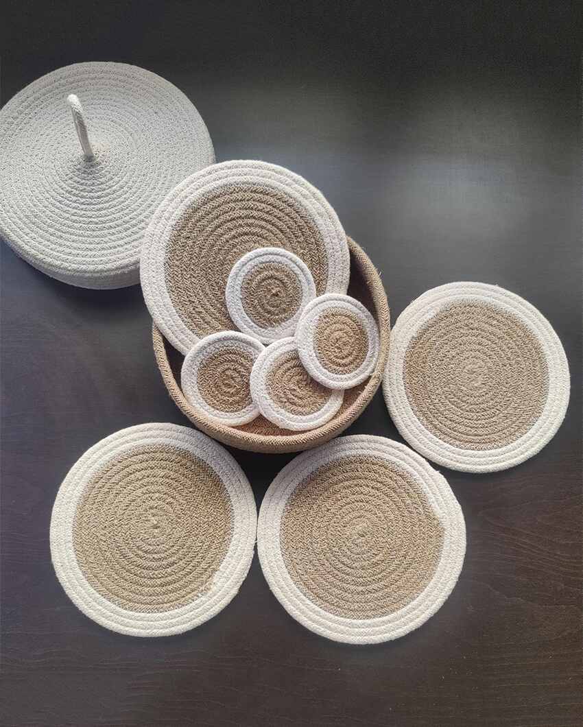 White & Brown Cotton Placemats and Coasters With Roti Basket Set For Dining Table Decor | Pack Of 13