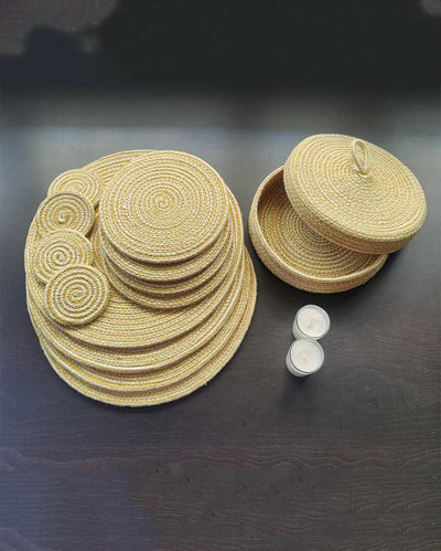 Yellow Cotton Placemats and Coasters With Roti Basket Set For Dining Table Decor | Pack Of 13