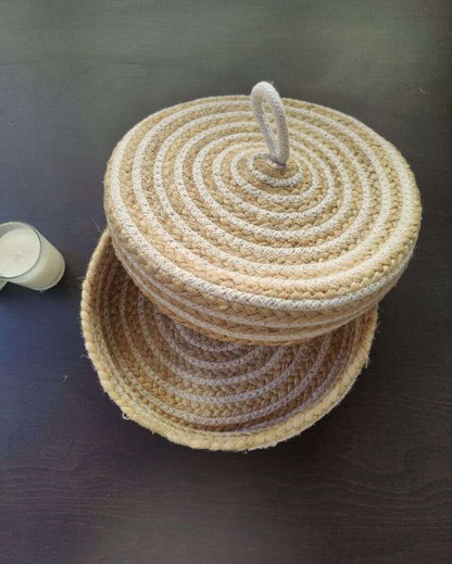 White and Beige Bread-Roti Serving Multipurpose Cotton & Jute Basket With Lid | 10 x 4 inches