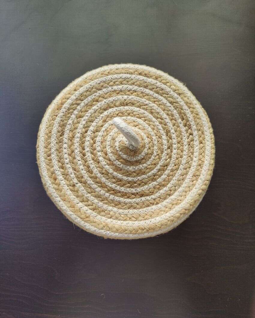 White and Beige Bread-Roti Serving Multipurpose Cotton & Jute Basket With Lid | 10 x 4 inches