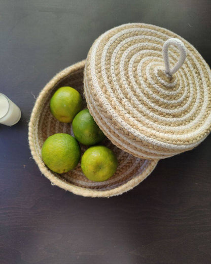 White and Beige Bread-Roti Serving Multipurpose Cotton & Jute Basket With Lid | 10 x 4 inches