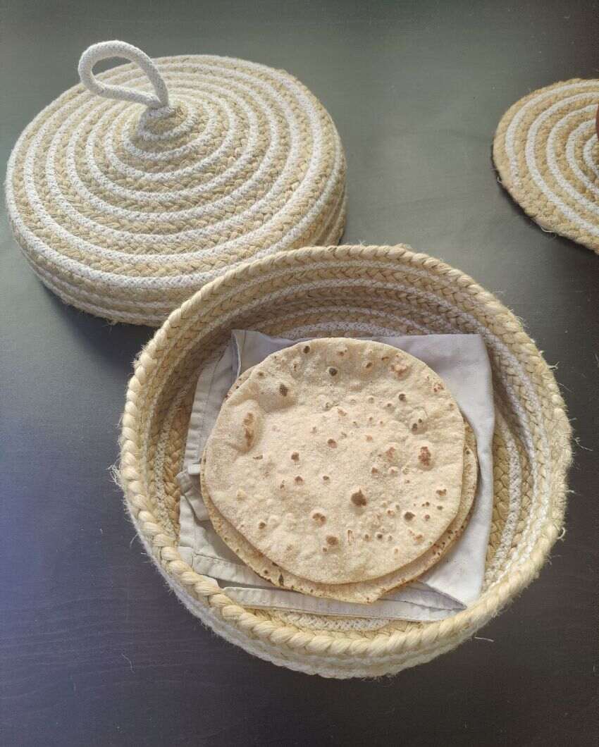 White and Beige Bread-Roti Serving Multipurpose Cotton & Jute Basket With Lid | 10 x 4 inches