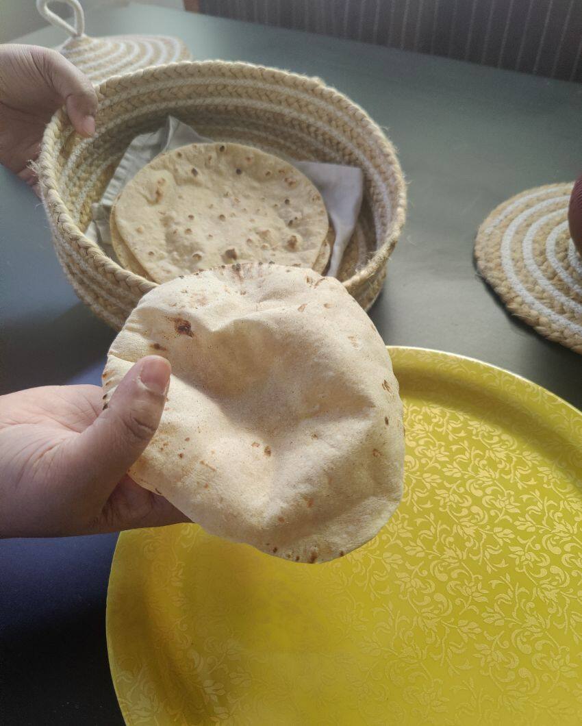 White and Beige Bread-Roti Serving Multipurpose Cotton & Jute Basket With Lid | 10 x 4 inches