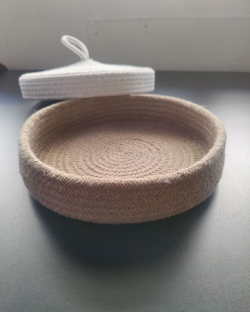 White and Brown Bread-Roti Serving Multipurpose Cotton Basket With Lid | 10 x 4 inches