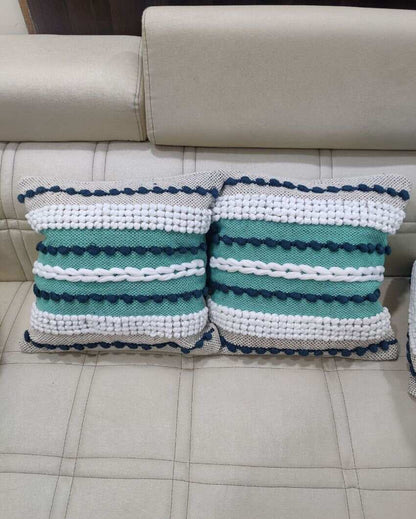 Hand Tufted Premium Blue and Green Cotton Cushion Covers For Sofa | 16 x 16 inches