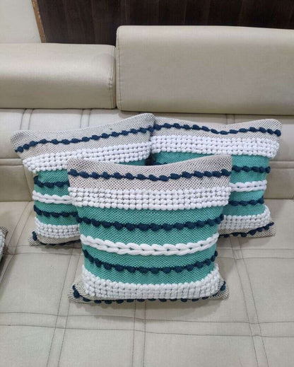 Hand Tufted Premium Blue and Green Cotton Cushion Covers For Sofa | 16 x 16 inches