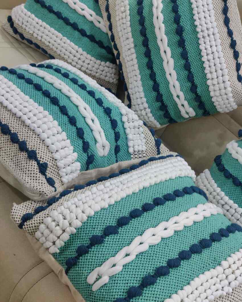 Hand Tufted Premium Blue and Green Cotton Cushion Covers For Sofa | 16 x 16 inches