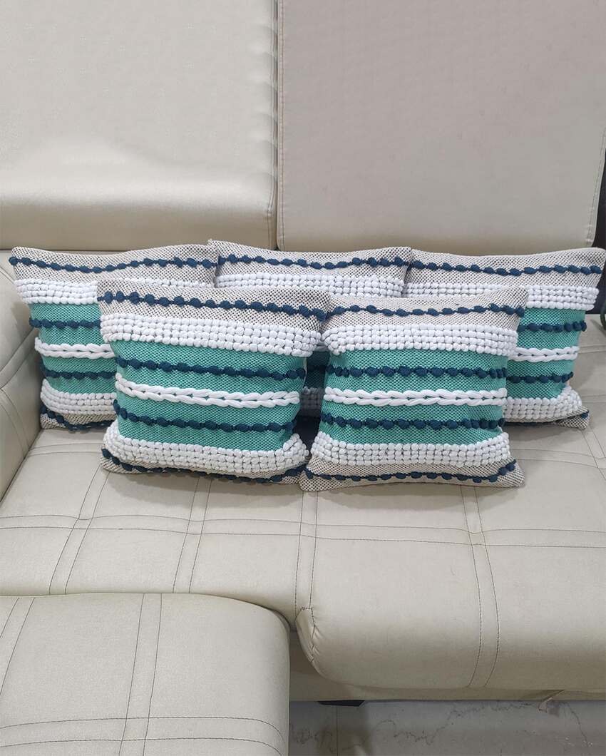 Hand Tufted Premium Blue and Green Cotton Cushion Covers For Sofa | 16 x 16 inches