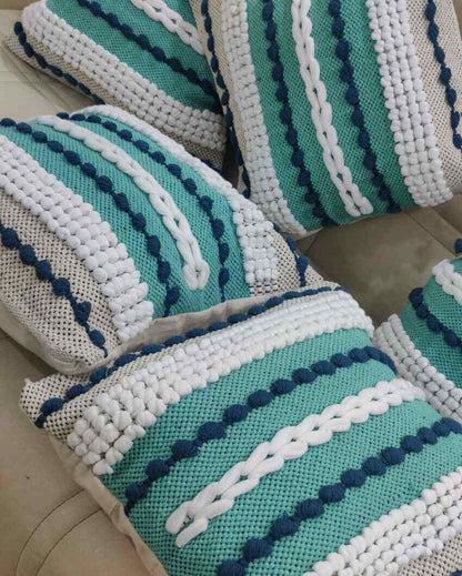 Hand Tufted Premium Blue and Green Cotton Cushion Covers For Sofa | 16 x 16 inches