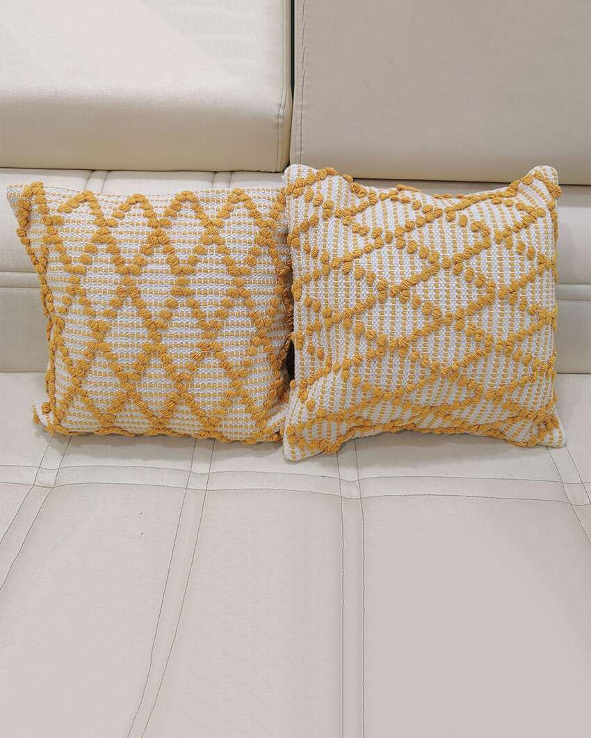 Diamond Yellow Hand Tufted Premium Cotton Cushion Covers For Sofa | 16 x 16 inches