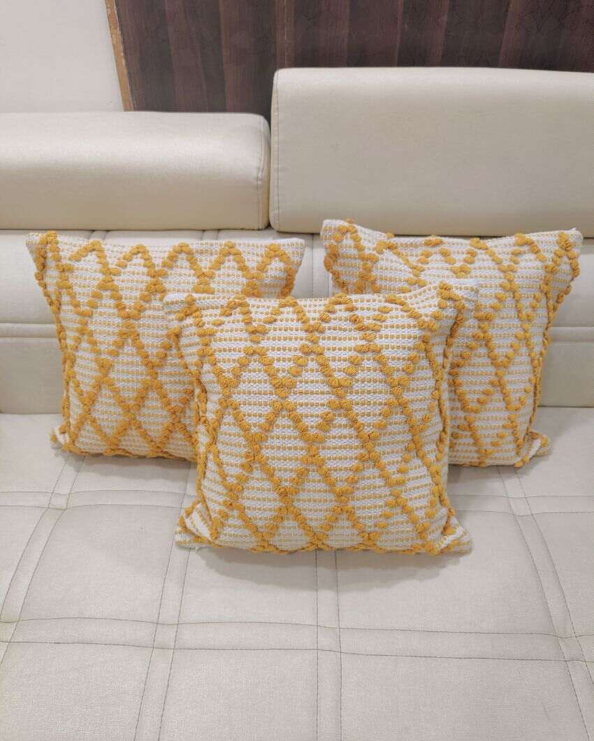 Diamond Yellow Hand Tufted Premium Cotton Cushion Covers For Sofa | 16 x 16 inches