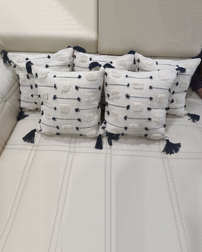 White and Black Stitch Hand Tufted Premium Cotton Cushion Covers | 16 x 16 inches