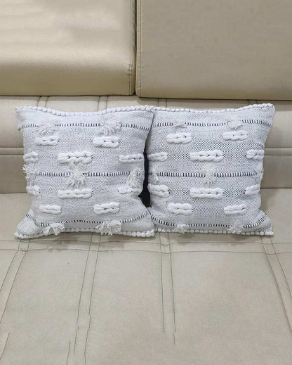 White Knotted Hand Tufted Premium Cotton Cushion Covers For Sofa | 16 x 16 inches