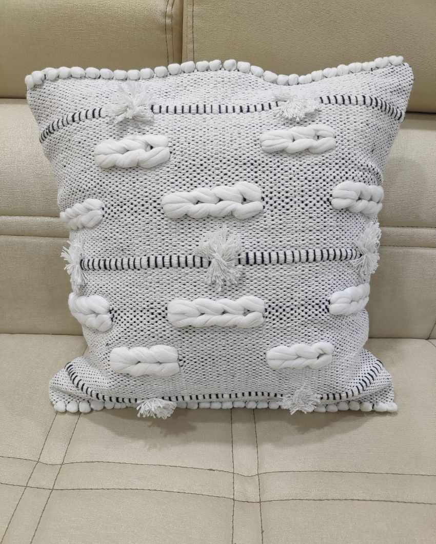 White Knotted Hand Tufted Premium Cotton Cushion Covers For Sofa | 16 x 16 inches