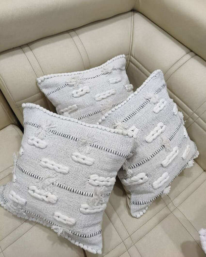 White Knotted Hand Tufted Premium Cotton Cushion Covers For Sofa | 16 x 16 inches