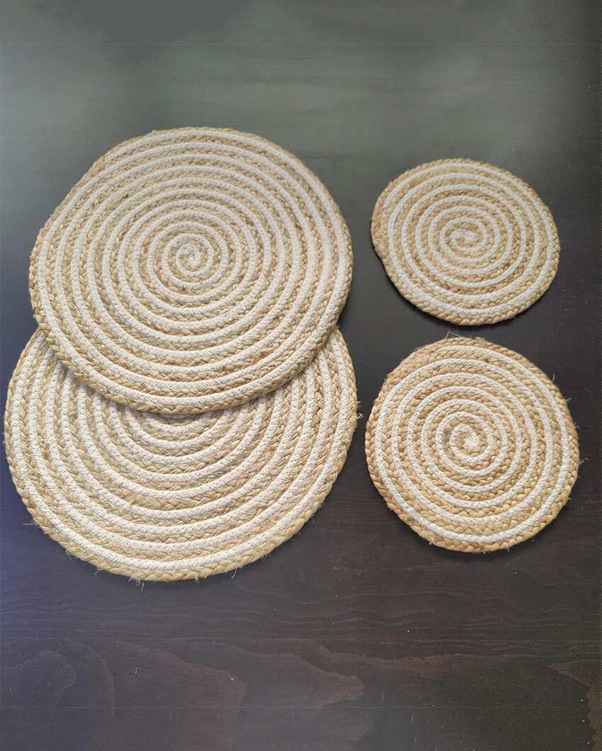 Heat Resistant and Reversible Cotton and Jute Place Mats with Round Table Mats | Pack Of 4