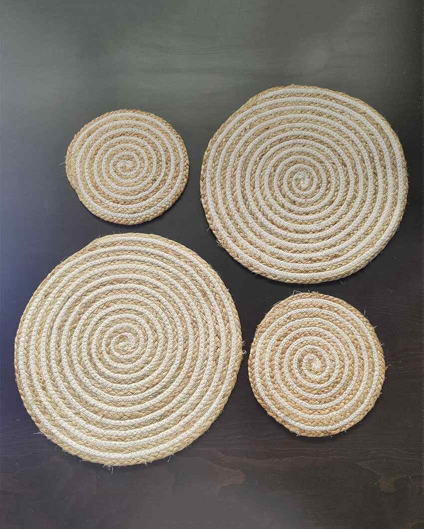 Heat Resistant and Reversible Cotton and Jute Place Mats with Round Table Mats | Pack Of 4