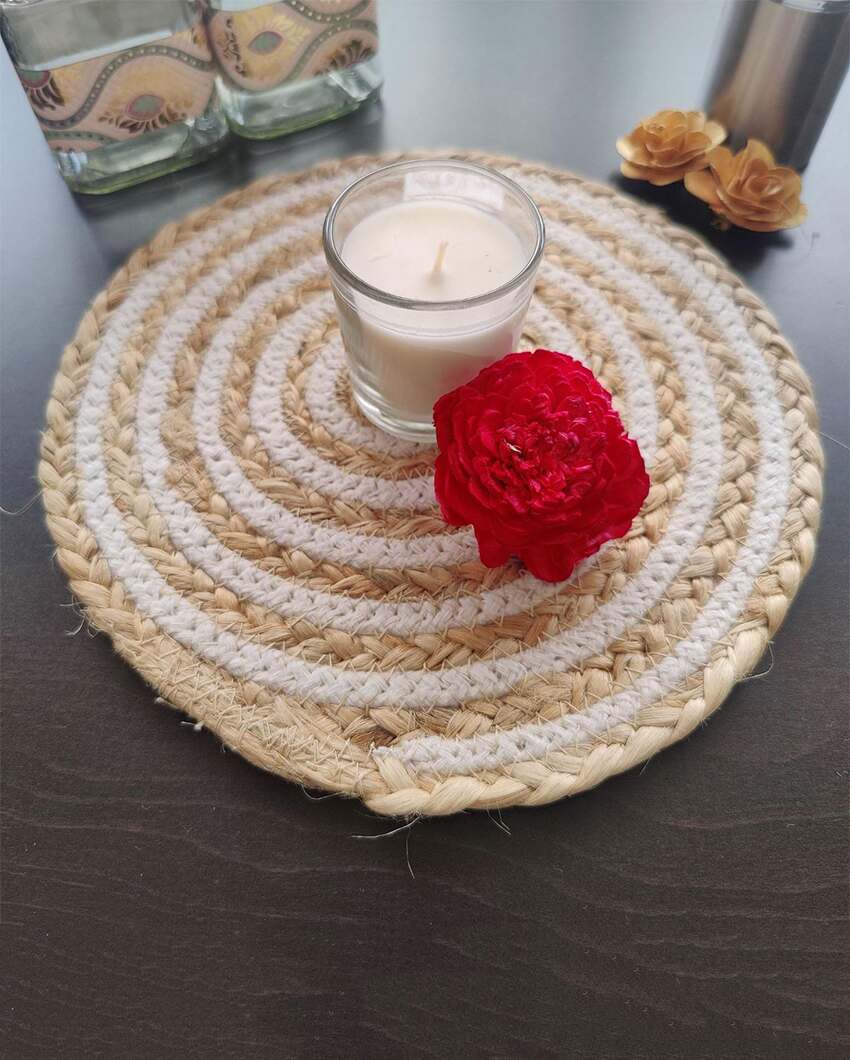 Heat Resistant and Reversible Cotton and Jute Place Mats with Round Table Mats | Pack Of 4