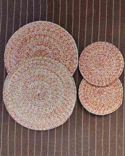 Red and Yellow Cotton Heat Resistant and Reversible Place Mats with Round Table Mats | Pack Of 4