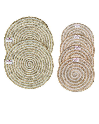 Heat Resistant and Reversible Cotton and Jute Place Mats with Round Table Mats | Pack Of 6