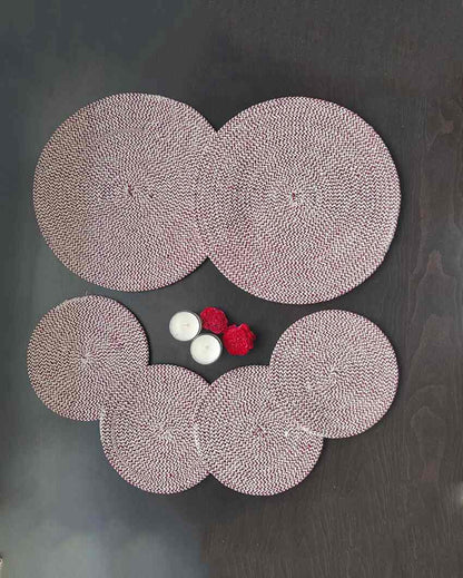 Maroon Cotton Heat Resistant and Reversible Place Mats with Round Table Mats | Pack Of 6