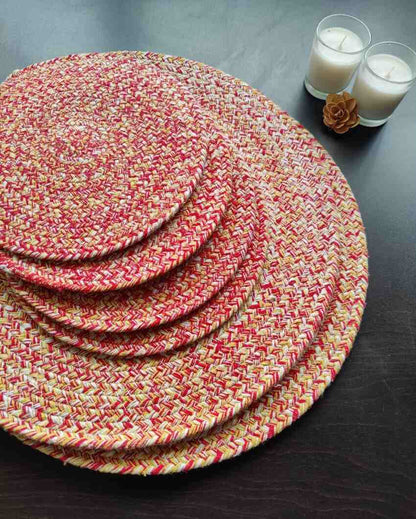 Red and Yellow Cotton Heat Resistant and Reversible Place Mats with Round Table Mats | Pack Of 6