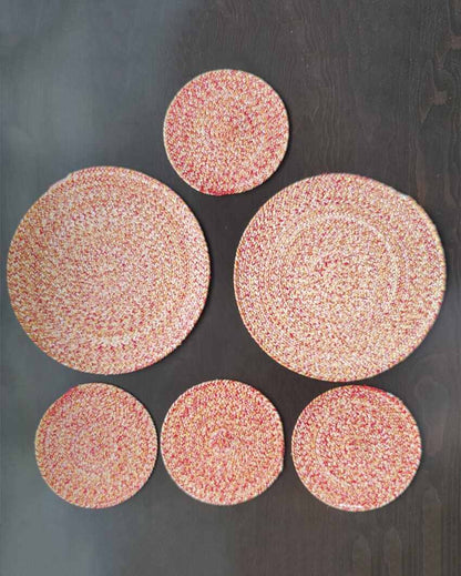 Red and Yellow Cotton Heat Resistant and Reversible Place Mats with Round Table Mats | Pack Of 6