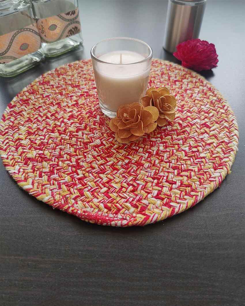 Red and Yellow Cotton Heat Resistant and Reversible Place Mats with Round Table Mats | Pack Of 6