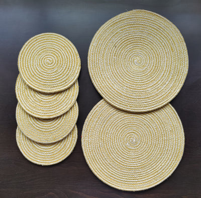 Yellow Cotton Heat Resistant and Reversible Place Mats with Round Table Mats | Pack Of 6