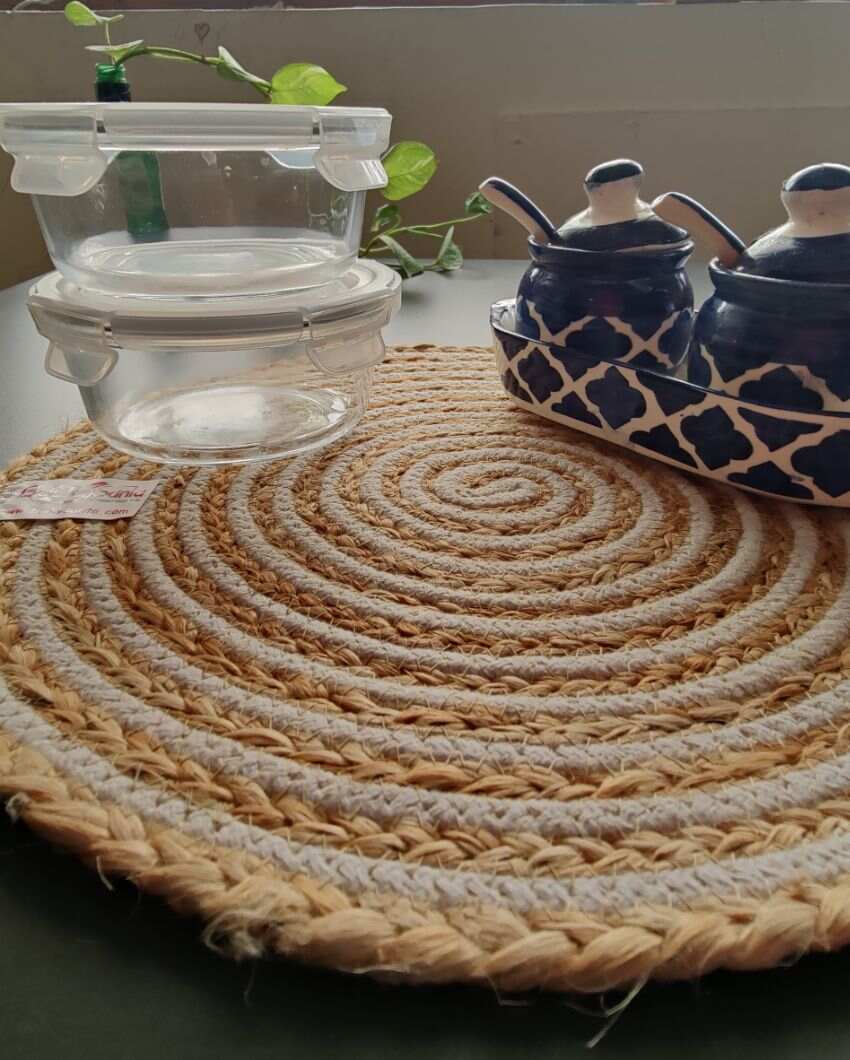 Heat Resistant and Reversible Cotton and Jute Mixed Place Mats with Round Table Mats | Pack Of 8