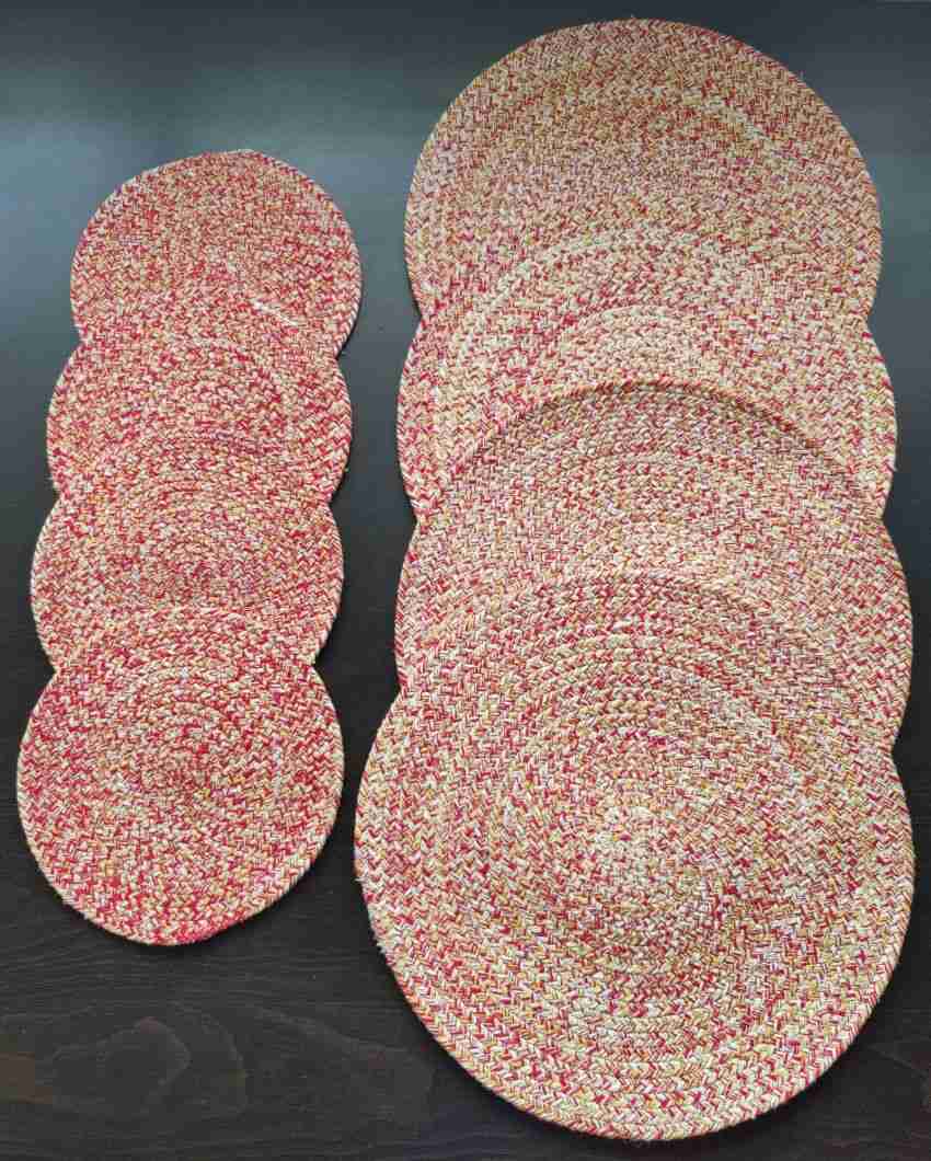 Red and Yellow Cotton Heat Resistant and Reversible Place Mats with Round Table Mats | Pack Of 8