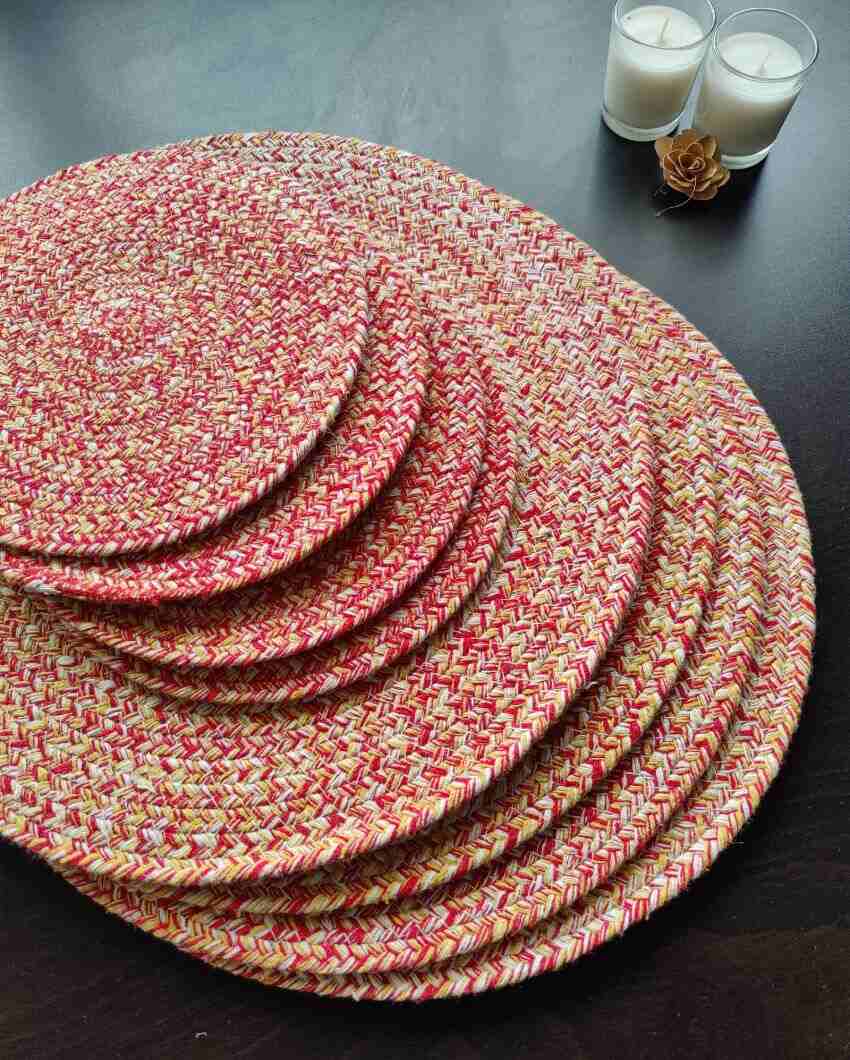 Red and Yellow Cotton Heat Resistant and Reversible Place Mats with Round Table Mats | Pack Of 8