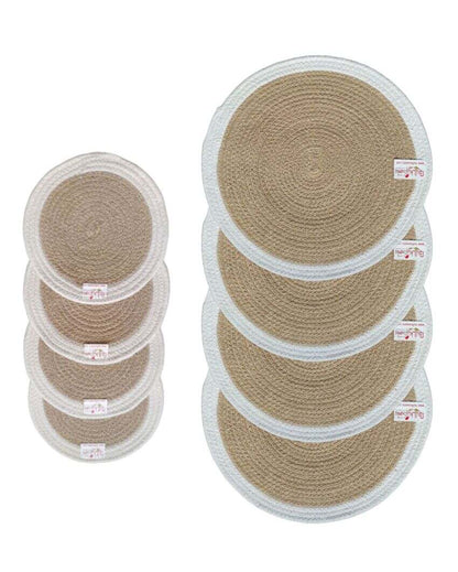 Beige & White Cotton Heat Resistant and Reversible Place Mats with Round Table Mats | Pack Of 8