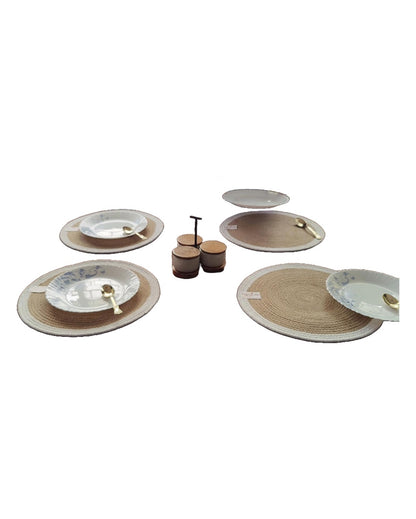 Beige & White Cotton Heat Resistant and Reversible Place Mats with Round Table Mats | Pack Of 8